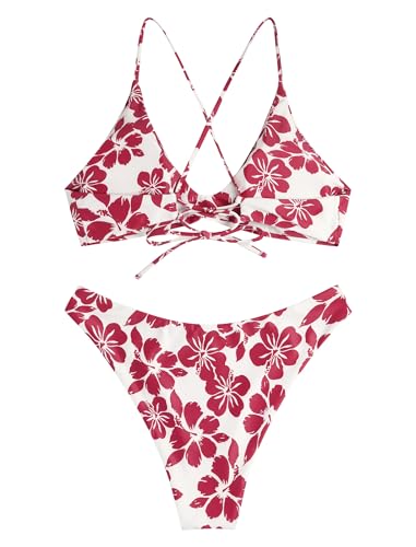 Image of ZAFUL Women's Tie Back Padded High Cut Bralette Bikini Set Two Piece Swimsuit