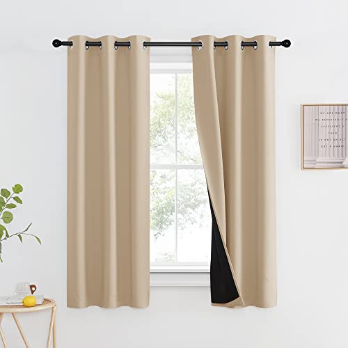 NICETOWN Bedroom Full Blackout Curtain Panel for Shack, Super Thick Insulated Window Cover, Complete Blackout Drapery with Black Liner for Small Windo