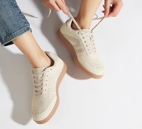 Image of LUCKY STEP Women Retro Gum Sole Fashion Sneakers | Genuine Leather Classic Tennis Skate Walking Shoes Anti Slip Trainers