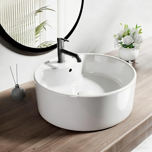 NUESTRA VIDA Lavabo da Appoggio Rotondo in Ceramica Bianca, 41x41x14,5cm​ | Con foro rubinetto e troppopieno | Per bagno, lavanderia, toilette o spazi piccoli