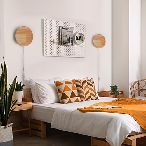 Image of Modern Minimalist Plug in Wall Sconces, Plug-in Or Cordless 11.8'' Round Wood Backlight LED Wall Lamp, 25W, 2500LM Warm White Brightness Wall Light Fixtures for Bedroom, Living Room Wall Decor