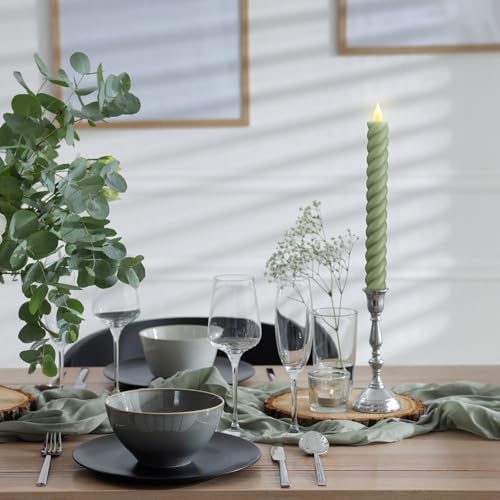 Image of Baquler 6 Pcs Sage Green Flameless Taper Candle Twisted LED 9.65 Inch Taper Candles Battery Operated Twisted Candlesticks for Summer Wedding Birthday Home Party Holiday Dinner Fireplace Decor