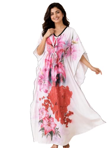 Image of Noty Women's Kaftan Nighty | Digital Print | Sarena Fabric | V Shaped Neck Nightwear | Nightdress for Girl