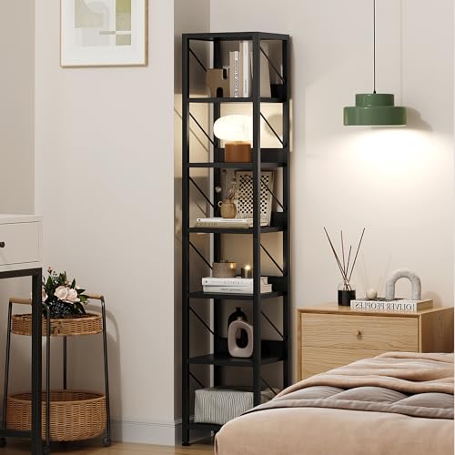 GarveeHome 6 Tier Narrow Bookcase Tall Skinny Bookshelf Rustic Corner Shelf Small Bookshelves Industrial Bookcase for Bedroom, Living Room, Home Office