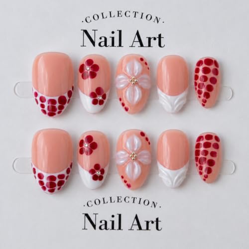 IntoVibes 10 Pieces Handmade Short Almond Press On Nails, Pink Thickened False Nails, Red Dots And 3D Flower, Reusable Fake Nails Almond, Reusable Acrylic Nails (L) — view 3