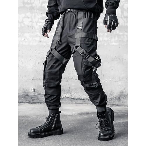 Men's Dark Functional Tactical Cargo Pants Paratrooper Pants with Streamers Mens Techwear Baggy Tapered Trousers2
