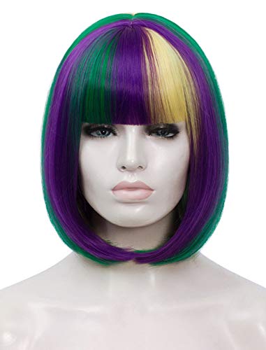 Bopocoko Short Purple Green Yellow Wigs for Women 12 Colorful Bob Hair Wig with Bangs Natural Fashion Synthetic Full Wig Cute Colored Wigs for Mardi Gras Party Cosplay Halloween BU027M