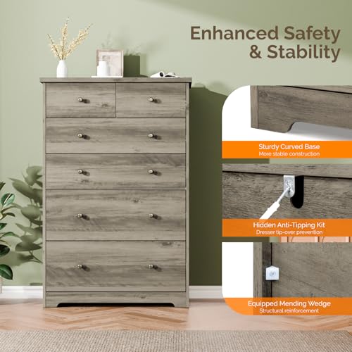 Image of VINGLI Tall Dresser, Rustic Grey Dresser 6 Drawer Chest of Drawers, Wood Gray Dressers for Bedroom, Hallway, Home Office, 31.5 inch W x 15.75 inch D x 47.64 inch H