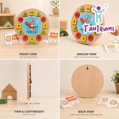 Image of Dinosour Learning Clock with Time Flash Cards | Child Safe Paint and Imported Wood