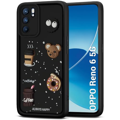 Image of TheGiftKart Back Cover Case for Oppo Reno 6 5G | Cute Fun Cartoon 3D Bear Coffee Case | Full Camera Protection | Shockproof Back Cover Case for Oppo Reno 6 5G (Silicone, Black)