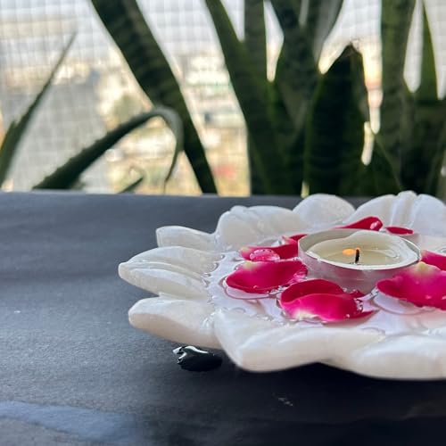Image of Marble Urli Bowl for Decoration | Big Potpourri Decorative Bowls in Home decor | Large White Floating Flower Plates of Stone | Small Shape puja Item | (6 inch, Lotus Plate)