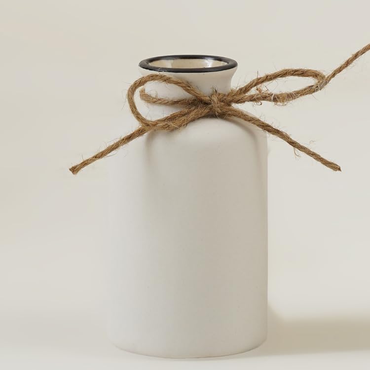 Image of PUREZENTO White Vintage Roman Bottle Vase - 4.9 Inch (Pack of 1) | Decorative Bottle Shape Vase with Twine Bow for Rustic, Farmhouse & Home Decor | Vases for Living Room, Dining Table & Office Styling