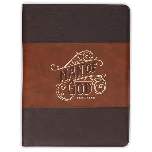 Christian Art Gifts Premium Vegan Leather Zippered Inspirational Scripture Portfolio for Men: Man of God Encouraging Bible Verse Padfolio Notepad Folder, Pen/Highlighter Combo, Card Slots, Brown/Gold