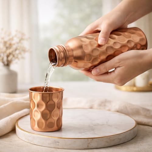 Image of JAIPUR ACE Hammered Pure Copper Water Bottle with Glass Set | 100% Copper Bottle Set | Leak Proof, Ayurvedic Health Benefits, Premium Design Gift Set for Home, Office, Gifting (Hammered Print)