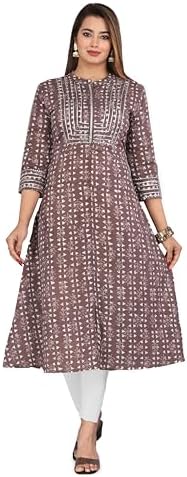 KANNAHI Women Pure Cotton Ethnic Motif Print A-line Straight Kurta Jaipuri Sanganeri Printed 3/4 Sleeve Kurti for Casual Party & Festival Wear for Girls & Womens