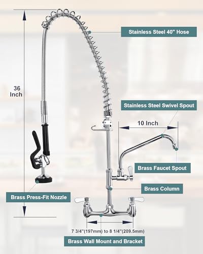 Image of 36 inch Height Commercial Faucet Wall Mount with Sprayer 8 inch Adjustable Center 10 inch Swing Spout, Kitchen Sink Faucet with Pull Down Pre-Rinse Sprayer for Restaurant Industrial Kitchen, Chrome