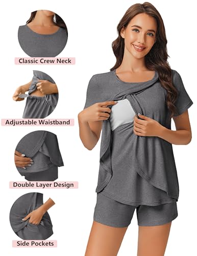 Image of Ekouaer 3 PCS Maternity Nursing Pajamas Set Postpartum Breastfeeding Short Sleeve Shirts, Pregnancy Shorts & Pants Pjs S-XXL