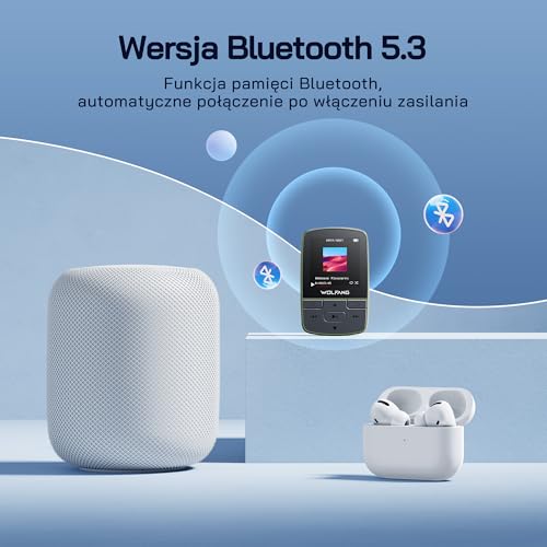 WOLFANG Odtwarzacze MP3 z Bluetooth 5.2, klips sportowy, mini rozmiar, waga 28 g, radio HiF FM, dyktafon, słuchawki w zestawie, Zieleń Wojskowa