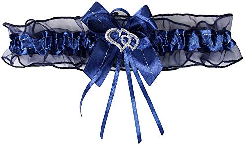 Süßer Braut Strumpfband mit 2 Herzchen Schleifchen, Silbernaht, viele Muster Hochzeit Neu Strumpfbänder Brautstrumpfband (Dunkelblau, bis 60 cm)