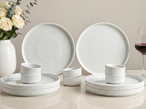 Image of Bodhi House 12-Piece Ribbed Porcelain Dinner Set for 6 | White Dinnerware Set with Dinner Plates & Katori, Chip Resistant, Lightweight, Microwave & Dishwasher Safe Crockery Set