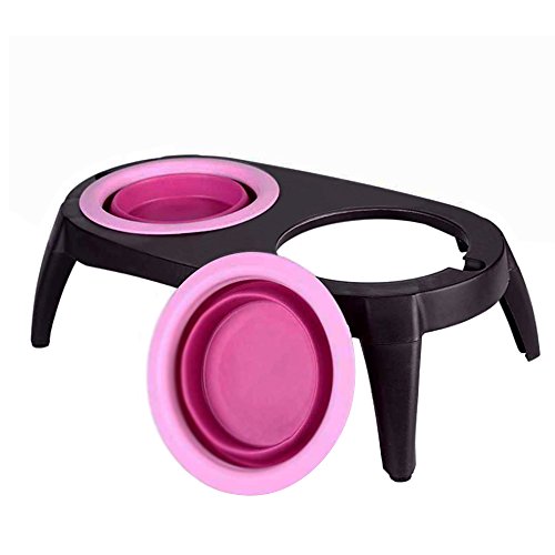 Elevated Dog Bowls Double Bowl Feeder, Travel Dog Bowls, Dog Cat Bowls Stand with 2 Collapsible Silicone Bowls, Raised Pet Feeder Suitable for Small Dogs & Cats