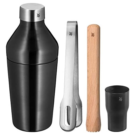 WMF Baric - Juego de cócteles (4 piezas, incluye coctelera de acero inoxidable, pinza para hielo, mortero de madera, apilable, en caja de regalo)