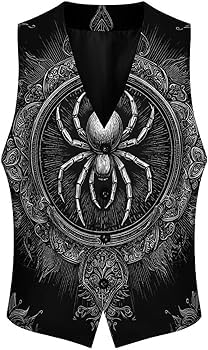 Men's Gothic Spider Print Vest, Black, Sleeveless Waistcoat, Halloween Theme-picture-50