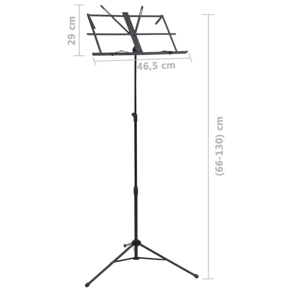 Atril negro de acero, altura ajustable de 66 a 130 cm, con soporte para partituras de 46,5 x 29 cm, plegable para escenario, estudio, concierto, casa