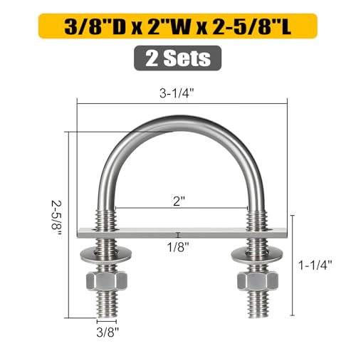 Image of 2 Sets Round U Bolts, u-Bolts 2 Inch Wide, 304 Stainless Steel U Bolt,with Nuts,Bolt Plate and Washers for Boat Trailer Tube(3 /8 inch D x 2 inch W x 2-5 /8 inchL)