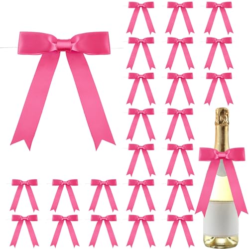 Riceshoot 24 Pcs Hot Pink Satin Ribbon Twist Tie Bows 5x7 Large Decorating Ribbon Gift Bows Valentines Day for Gift Wrapping Champagne Bottle Cake Treat Bag Wedding Birthday Party Decoration