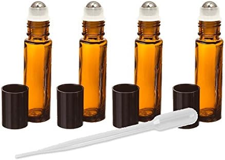 Grand Parfums Amber Glass Essential Oil Rollerball Bottles with Stainless Steel Rollerballs, 10ml Aromatherapy Glass Roll on Bottles - Set of 6 (Amber) 6 Pack Roller Ball Glass Bottles