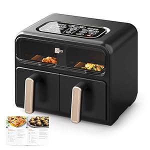 aeco FryQ ELITE Duo XL8 Heißluftfritteuse2 Kammern | Dual Zone Airfryer 8L gesamt | Mit Sichtfenster, 2400W Sync-Funktion & Touch-Display | Zum Braten, Backen, Grillen | Ideal für Familie & Meal Prep