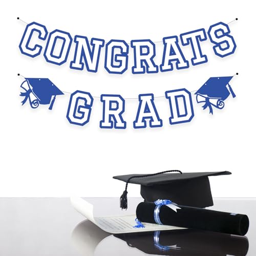 Image of Congrats Grad Banner Graduation Party Banner Decoration Hanging Garland High School College Backdrop Supplies Blue White