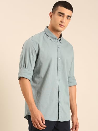Image of Cavallo by Linen Club Men's Blended Linen Sage Solid Contemporary Fit Full Sleeve Casual Shirt
