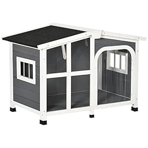 PawHut Caseta para Perros de Madera 101×66,5×70,5 cm Casa para Mascotas con Techo Abatible Frontal de Acrílico Puerta con Cortina y Fondo Extraíble Gris Oscuro