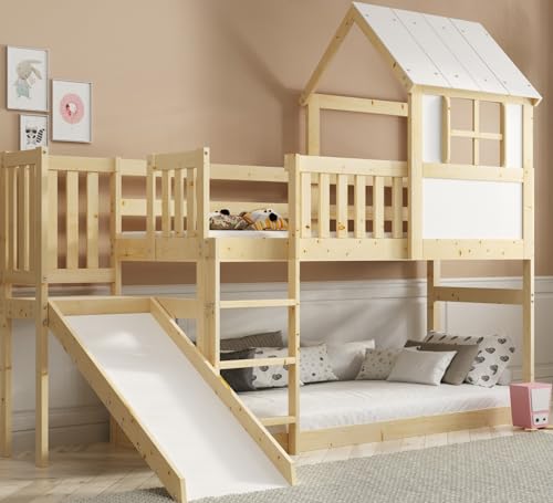 Interbeds Hochbett mit Rutsche und Treppen Etagenbett Stockbett Holzbett Kinderbett mit Lattenrost Spielbett (Mit Rutsche)