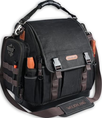 WELKINLAND 41-Pocket Electrician Tool Bag 14-Inch HVAC Tools Bag Heavy-Duty Waxed Canvas Tools Bags Hard Bottom Tool Bags Stay-up top-open Tool Bag Quick-Access Tool Bags For Men