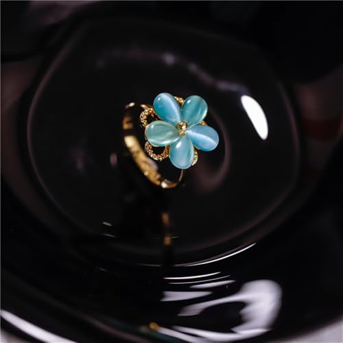 Rotating Blue Flower Wrap Finger Ring for Women Cubic Zirconia Petals Floral Statement Open Adjustable Band Rings Chic Engagement Promise Eternity Rings Jewelry3