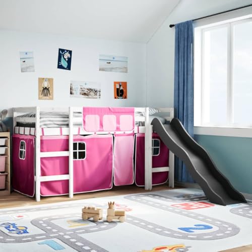 LLEZKBR Camas y accesorios-Camas y marcos de cama-Cama para niños Loft con cortinas, rosa, 90 x 200 cm, madera maciza de pino