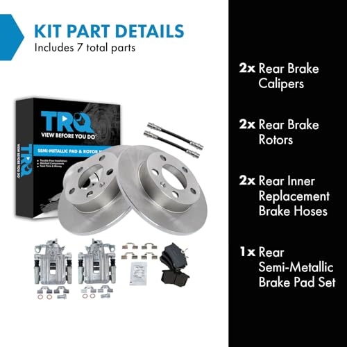 Image of TRQ Rear Brake Pad and Rotor Set Semi Metallic Rotors Calipers Compatible with 1999 Volkswagen Jetta