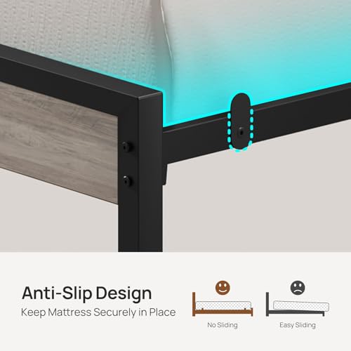 Image of Rolanstar Bed Frame Full Size with USB Charging Station, LED Bed Frame with Wood Storage Headboard, Light Grey Metal Platform Bed with Under Bed Storage, No Box Spring Needed, Noise Free