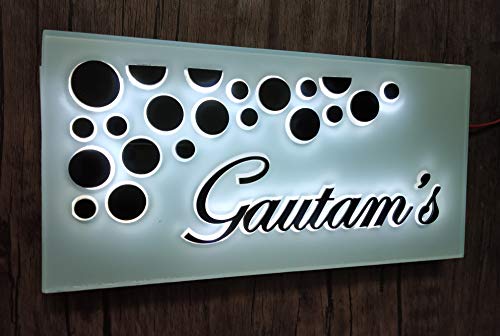Aarushi Creations Personalised Home/Door Name Plate, Acrylic with Lighting, Laser Cut, 12 x 6 Inches, Black and White