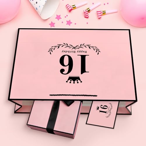 Image of JMANNI 16th Birthday Gift Bag, Pink with Black Satin Bow & Crown Design, Medium Happy 16th Birthday Present Bag for Party Favors, Size 12.60 inchx8.66 inchx4.33 inch