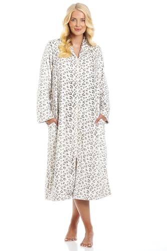 Camille Womens Calf-Length Fleece Zipped Housecoat | Soft & Fluffy Dressing Gown | Long Sleeves, Easy Zip Close, Turn-Over Collar & Pockets | Warm & Comfy | Beige Animal 10-12