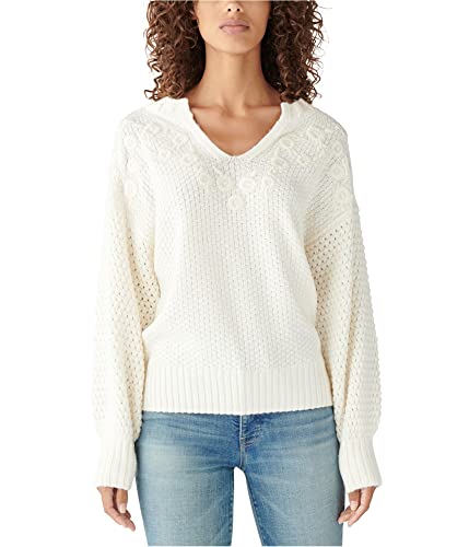 Lucky Brand Women's Long Sleeve Notch Neck Embroidered Sweater, Snow White, Small #TOP20