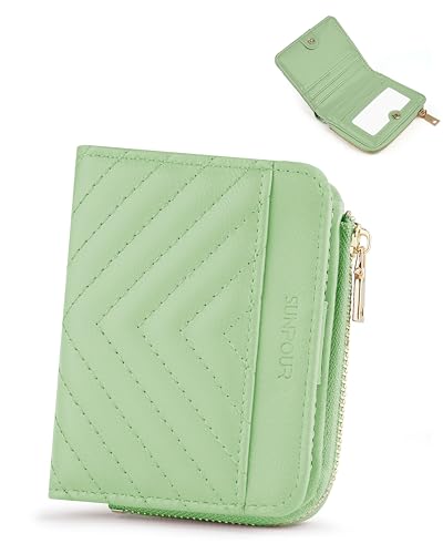 Image of Small Bifold Wallets Woman RFID Mini Wallet for Women Slim Card Holder with Zipper Coin Pocket & 2 ID Windows (Mint Green)
