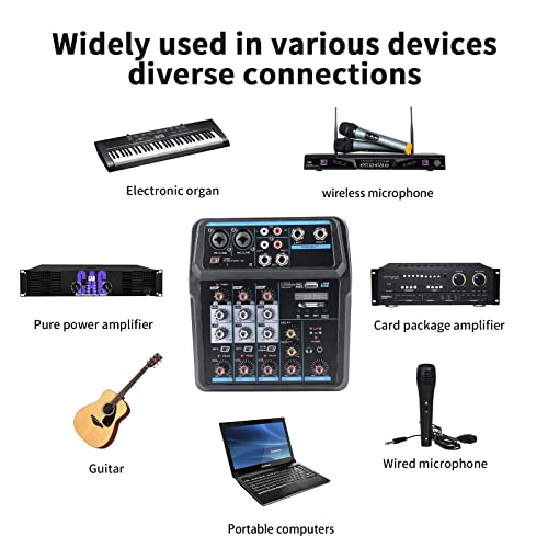 Klein Mischpult 4 Kanal Stereo Live Mischpulte, Audio Mixer Mini Musik Mixer, DJ Mischer Board Karaoke Mischpult Audio Interfac with Bluetooth MP3 48V Phantomspeisung FX Analoge Digitale Effekte