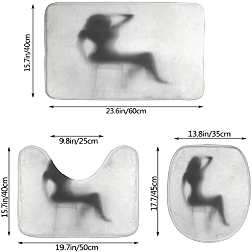 3-teiliges Badezimmerteppich-Set, Elegante Frau sitzt auf Stuhl-Silhouette auf grauem Hintergrund, waschbarer Badvorleger, rutschfest, mit Rückenpolster, Konturteppich und Toilettendeckelbezug – Bild 3