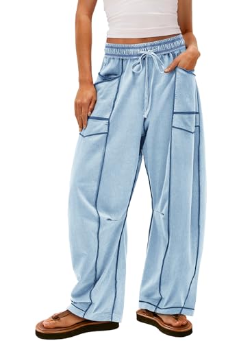 Yanekop Womens Baggy Wide Leg Pants Casual Fall Trousers Palazzo Pants Drawstring Waist Barrel Sweatpants with Pockets(Light Blue S)