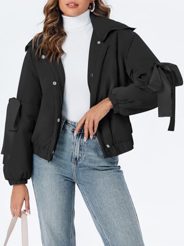 Tankaneo Womens Bow Puffer Jacket Winter Warm Cropped Quilted Jackets Baggy Short Down Coats2